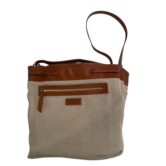 J.McLaughlin Brown Leather & Canvas Lattice Woven Bucket Bag - Picture 11 of 16